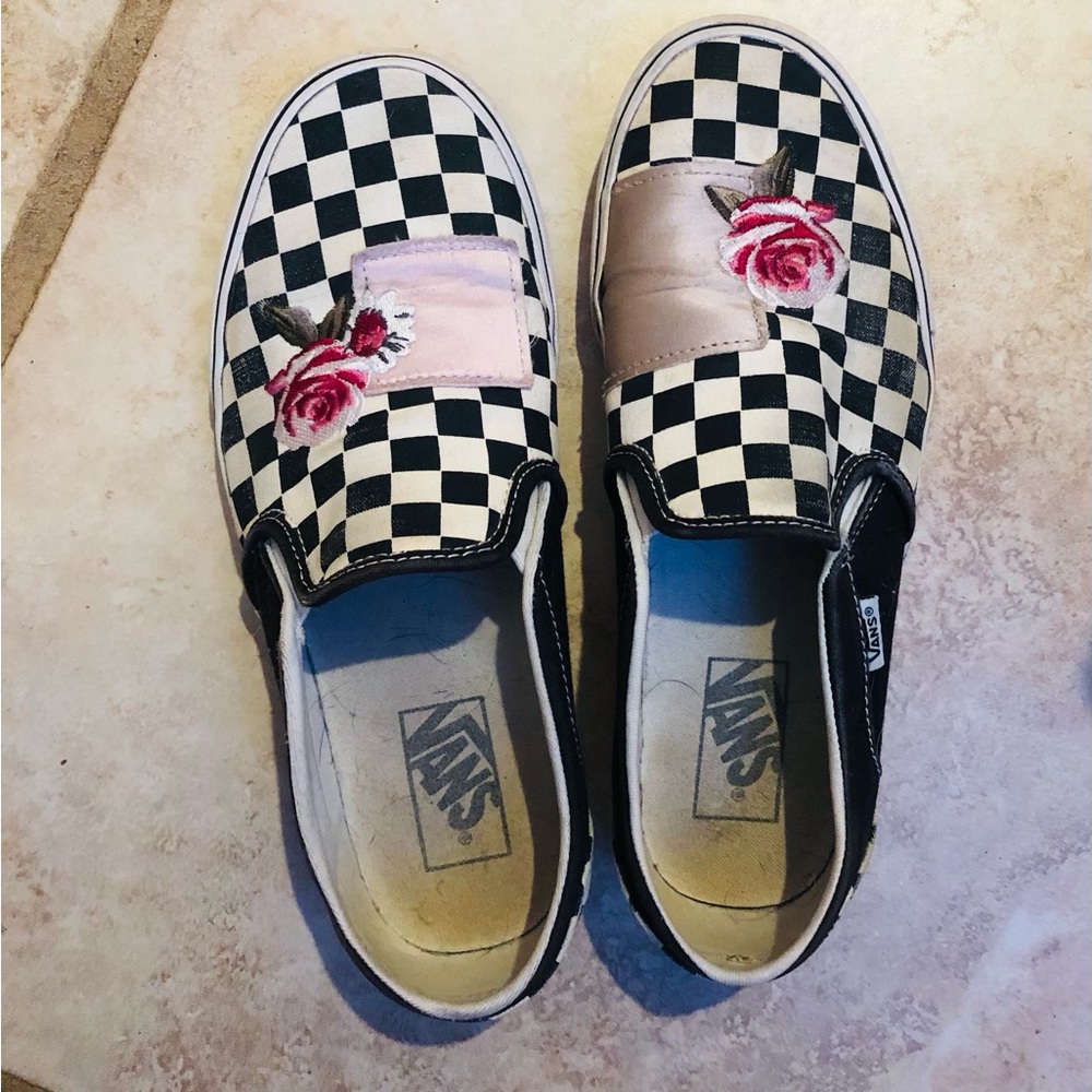Vans Women's Black and White Checkered Slip-Ons with Pink Rose Embroidery - Picture 6 of 6
